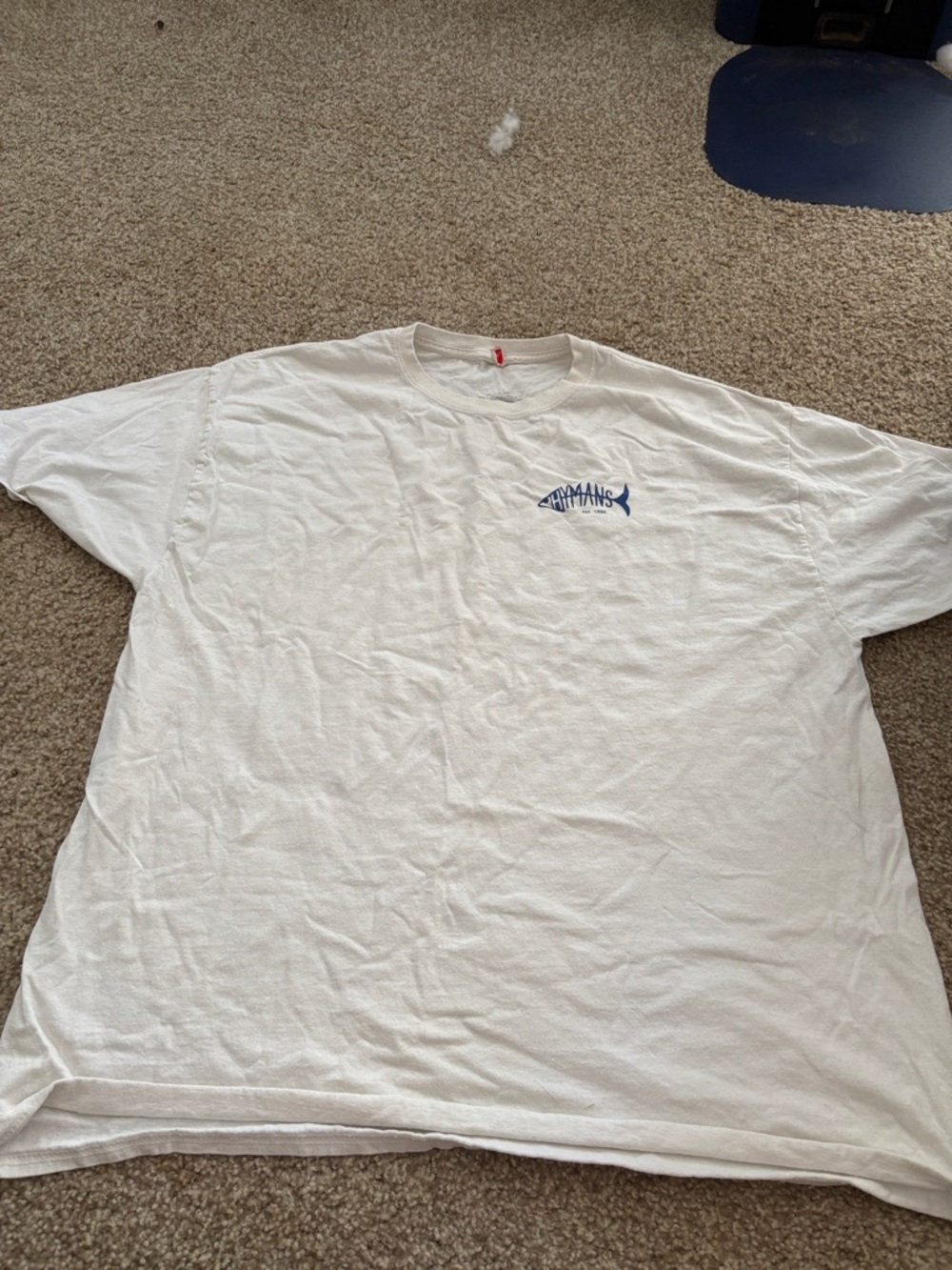 White Men’s Short-Sleeve Graphic Tee with Blue Fish Logo
